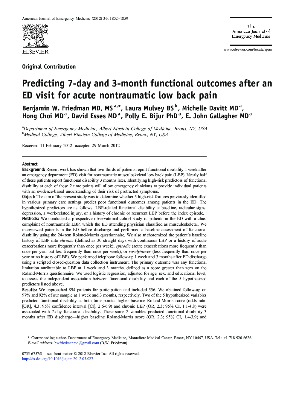 Predicting 7-day and 3-month functional outcomes after an ED visit for acute nontraumatic low back pain