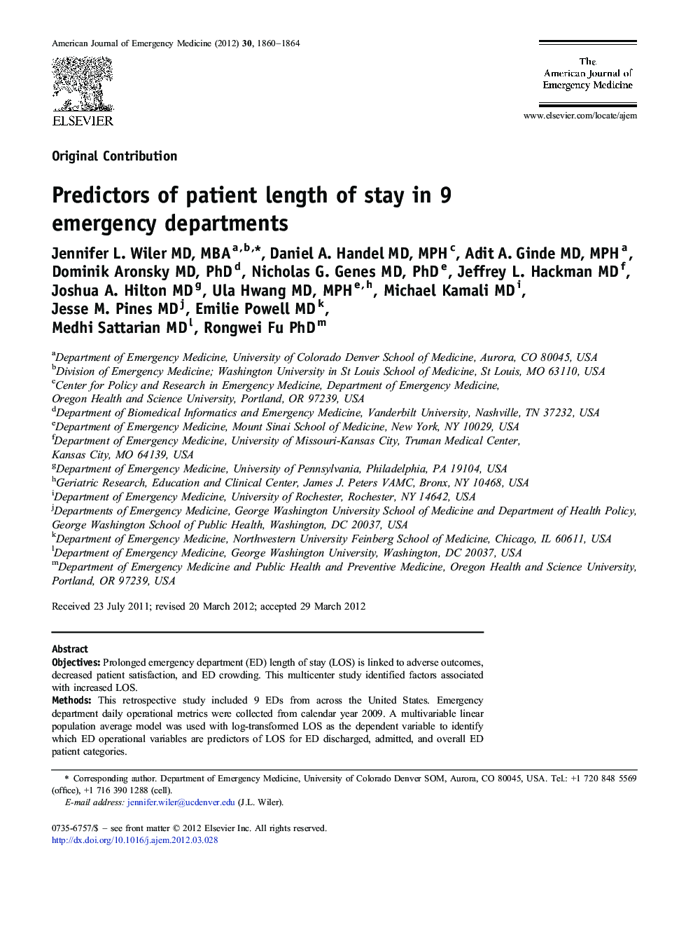 عکس صفحه اول مقاله: Predictors of patient length of stay in 9 emergency departments Predictors of patient length of stay in 9 emergency departments