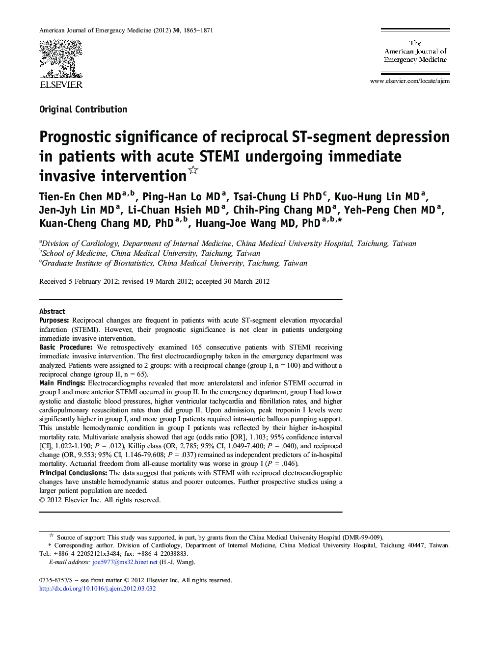 Prognostic significance of reciprocal ST-segment depression in patients with acute STEMI undergoing immediate invasive intervention 