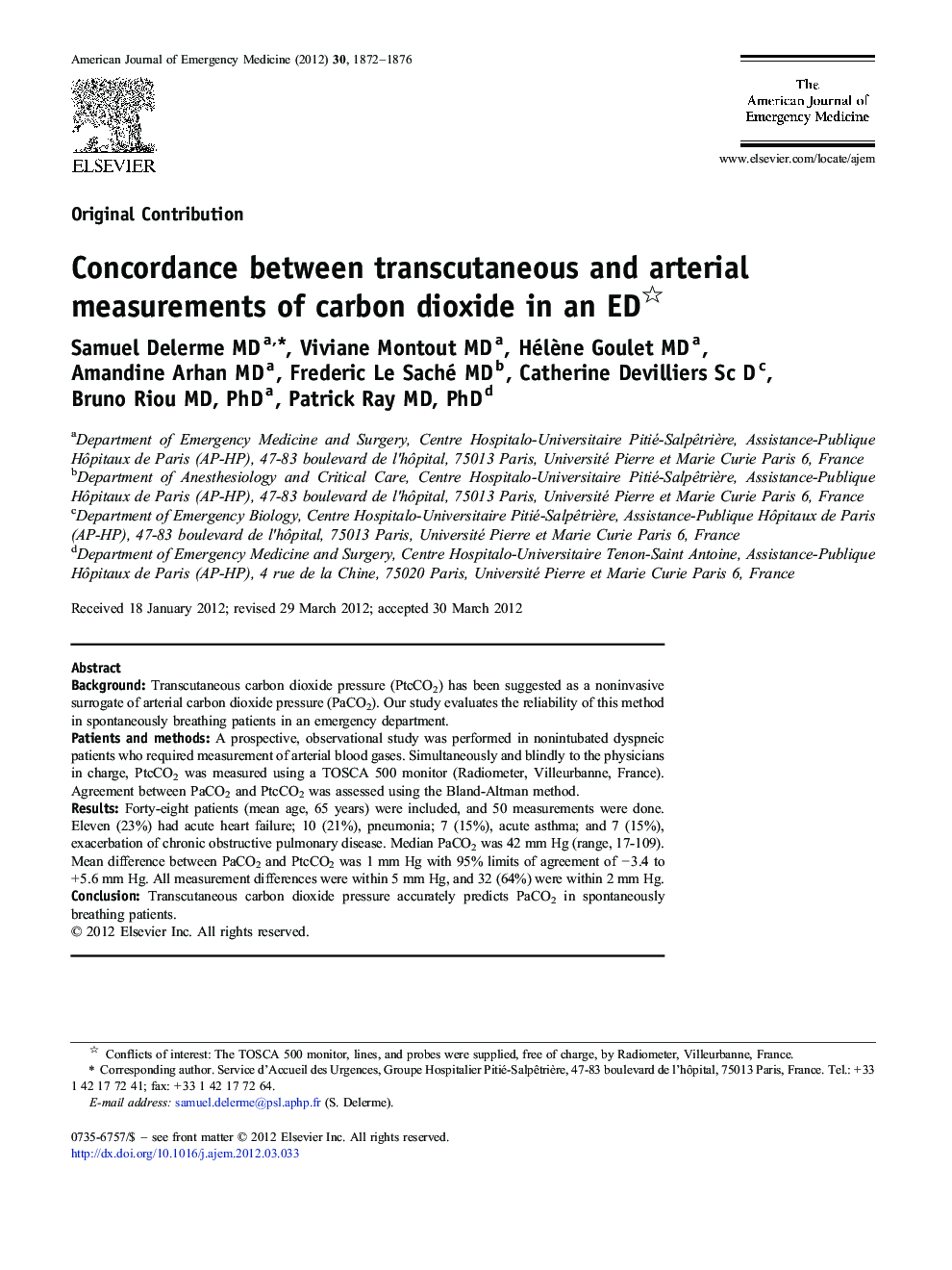 Concordance between transcutaneous and arterial measurements of carbon dioxide in an ED 