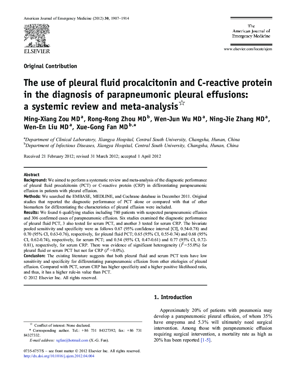 The use of pleural fluid procalcitonin and C-reactive protein in the diagnosis of parapneumonic pleural effusions: a systemic review and meta-analysis 