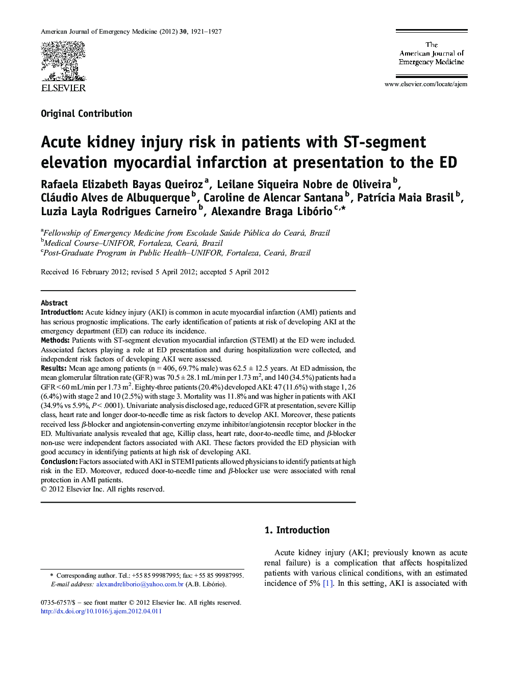 Acute kidney injury risk in patients with ST-segment elevation myocardial infarction at presentation to the ED