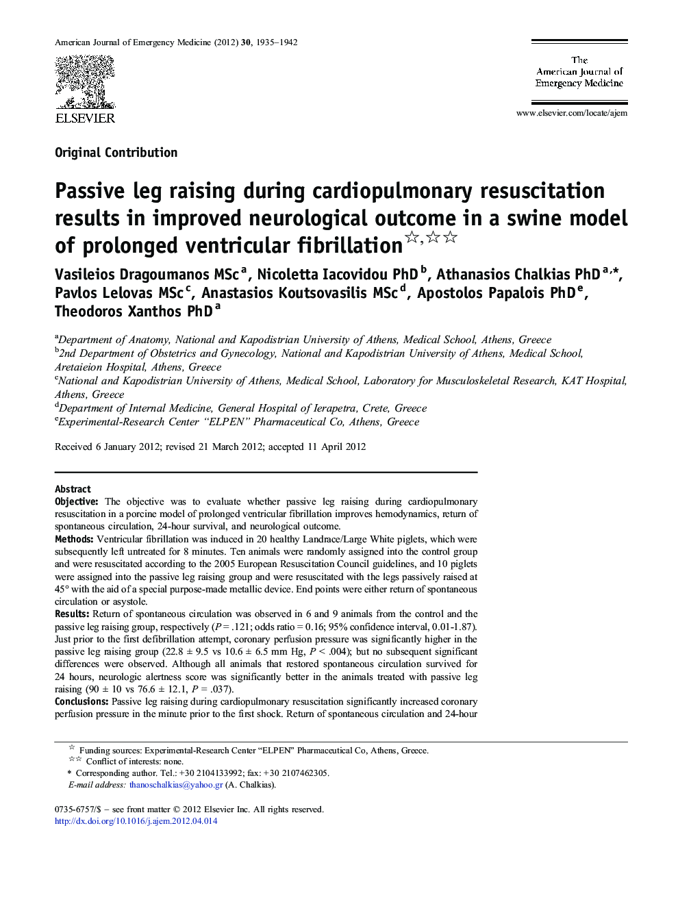 Passive leg raising during cardiopulmonary resuscitation results in improved neurological outcome in a swine model of prolonged ventricular fibrillation 