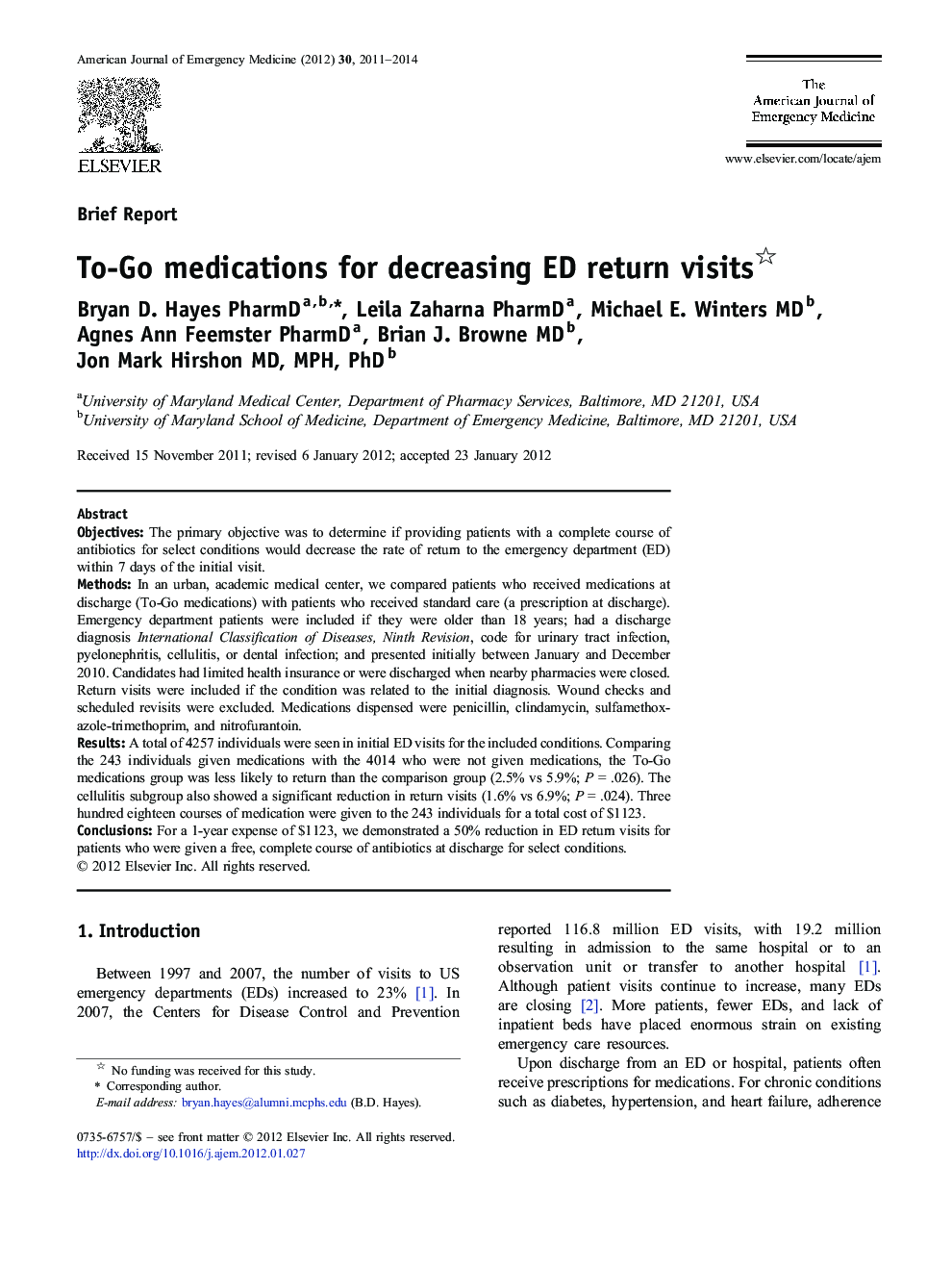 To-Go medications for decreasing ED return visits 