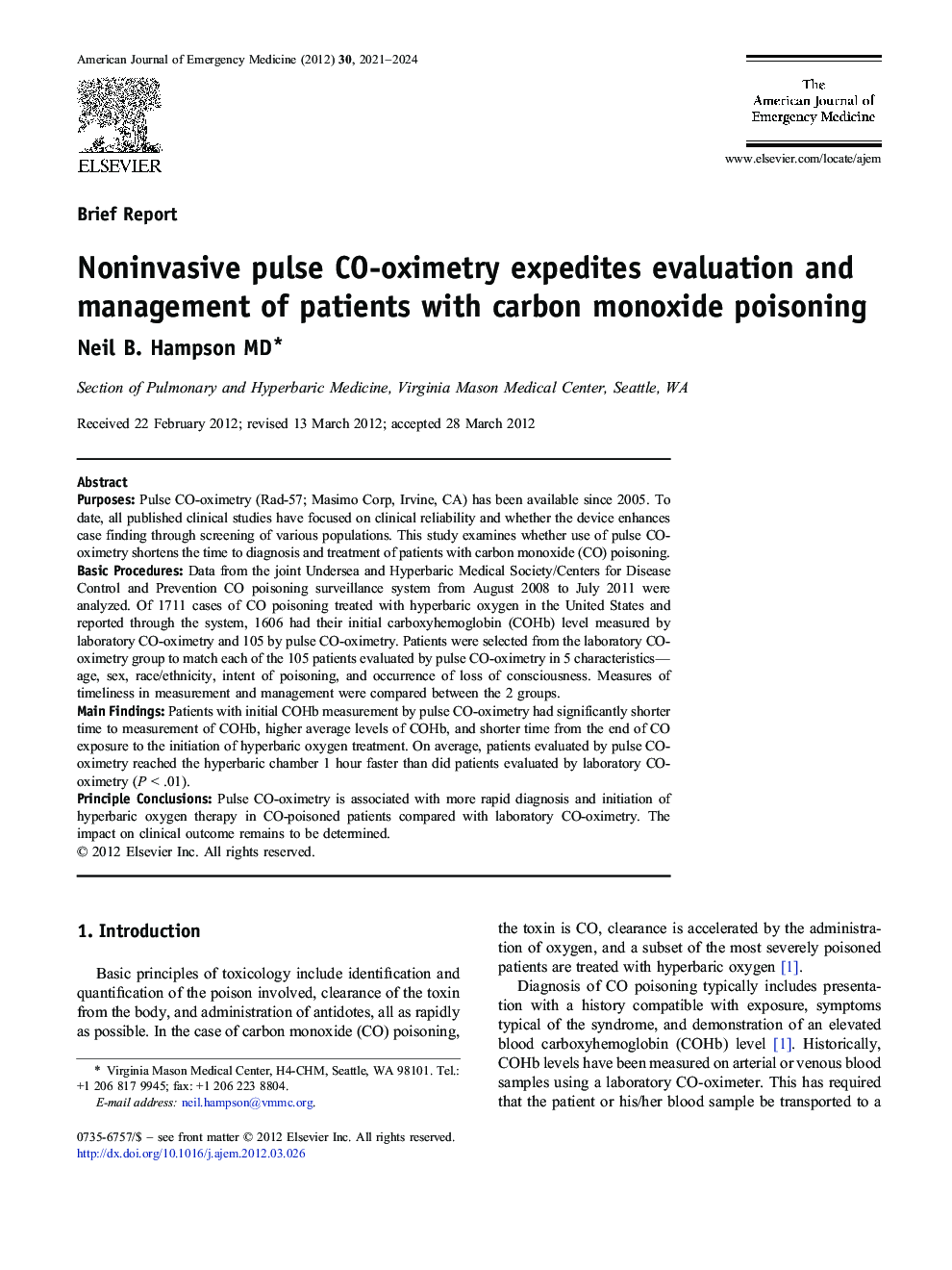 Noninvasive pulse CO-oximetry expedites evaluation and management of patients with carbon monoxide poisoning