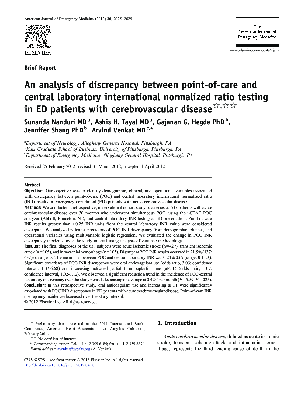 An analysis of discrepancy between point-of-care and central laboratory international normalized ratio testing in ED patients with cerebrovascular disease 