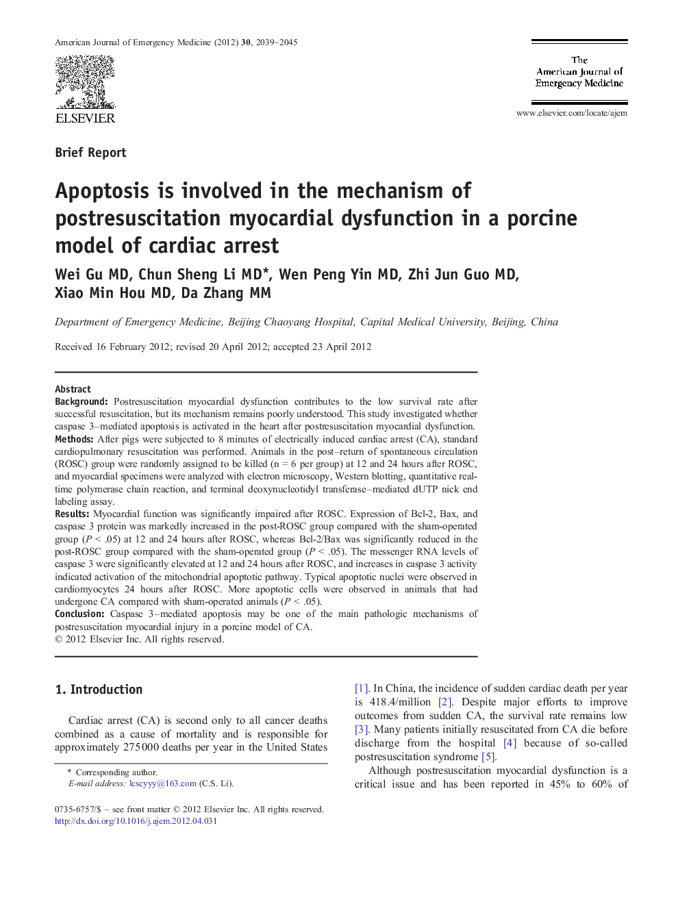 Apoptosis is involved in the mechanism of postresuscitation myocardial dysfunction in a porcine model of cardiac arrest
