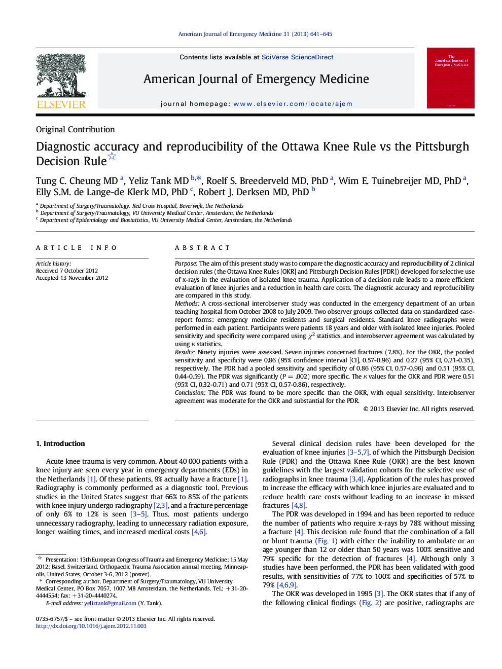 Diagnostic accuracy and reproducibility of the Ottawa Knee Rule vs the Pittsburgh Decision Rule 