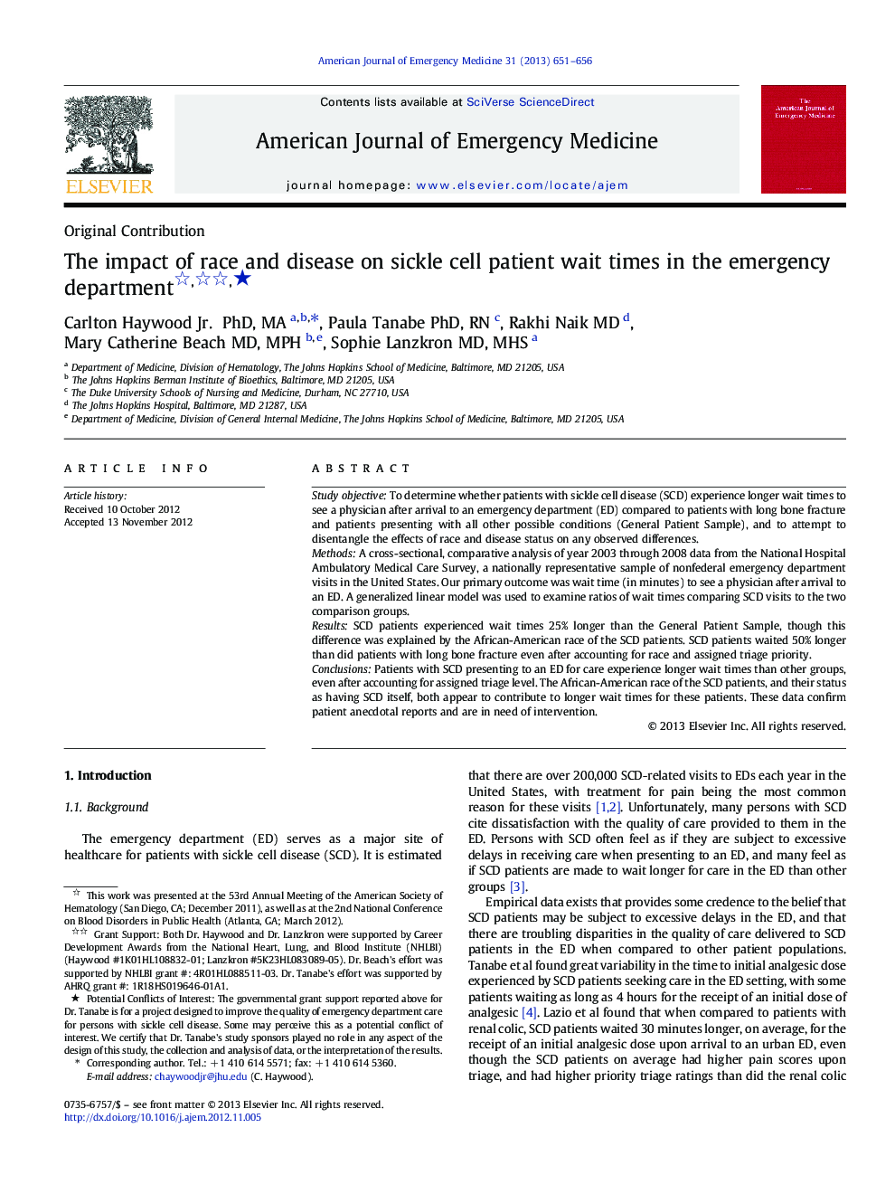 The impact of race and disease on sickle cell patient wait times in the emergency department ★