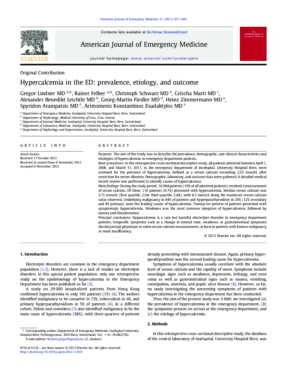 Hypercalcemia in the ED: prevalence, etiology, and outcome