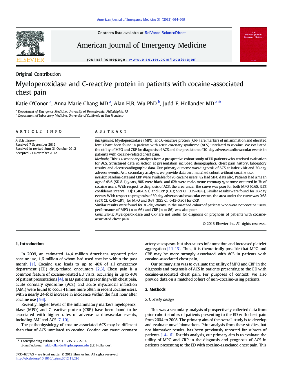Myeloperoxidase and C-reactive protein in patients with cocaine-associated chest pain