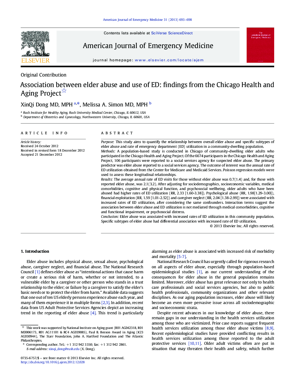 Association between elder abuse and use of ED: findings from the Chicago Health and Aging Project 