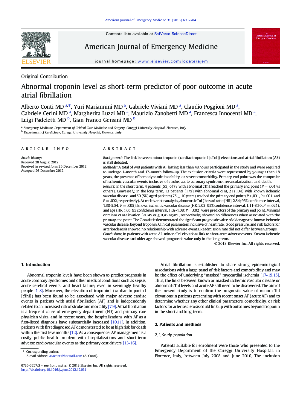 Abnormal troponin level as short-term predictor of poor outcome in acute atrial fibrillation