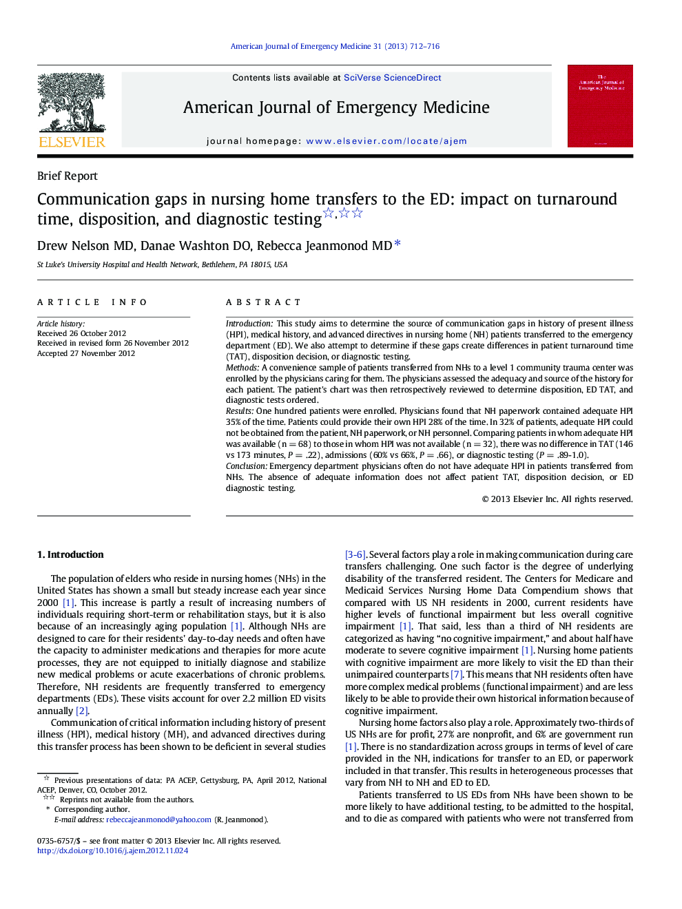 Communication gaps in nursing home transfers to the ED: impact on turnaround time, disposition, and diagnostic testing 