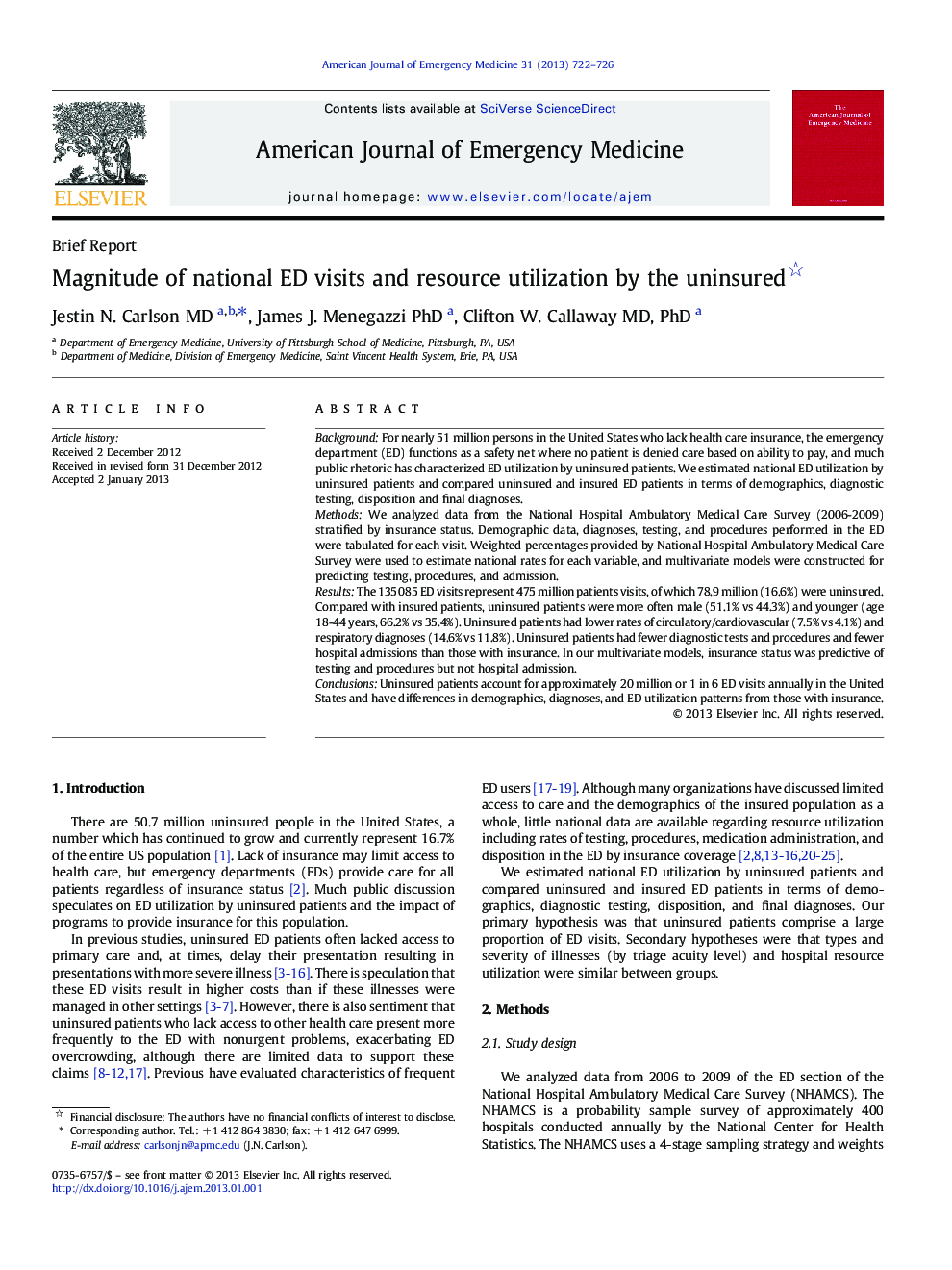 Magnitude of national ED visits and resource utilization by the uninsured