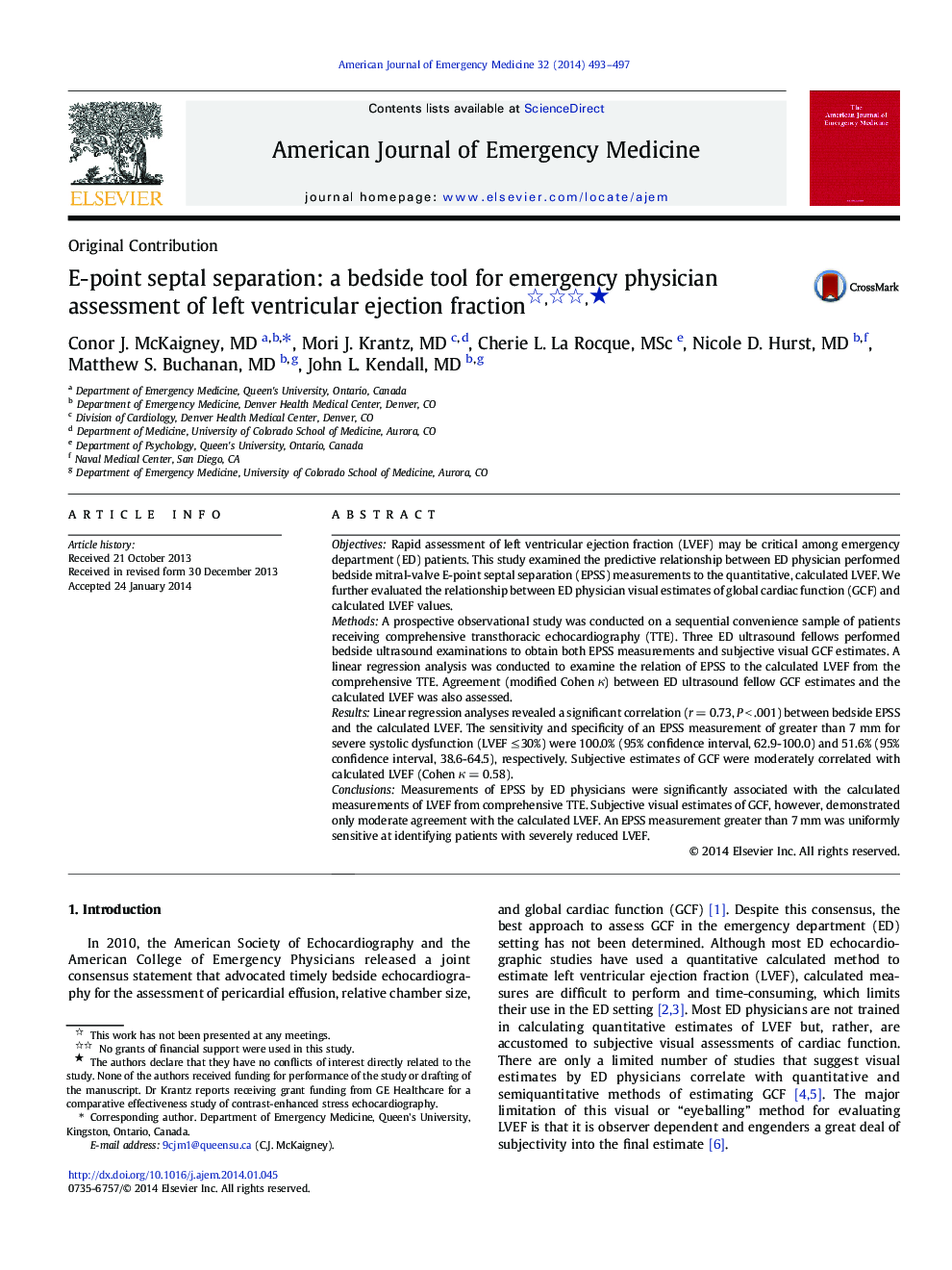 E-point septal separation: a bedside tool for emergency physician assessment of left ventricular ejection fraction ★