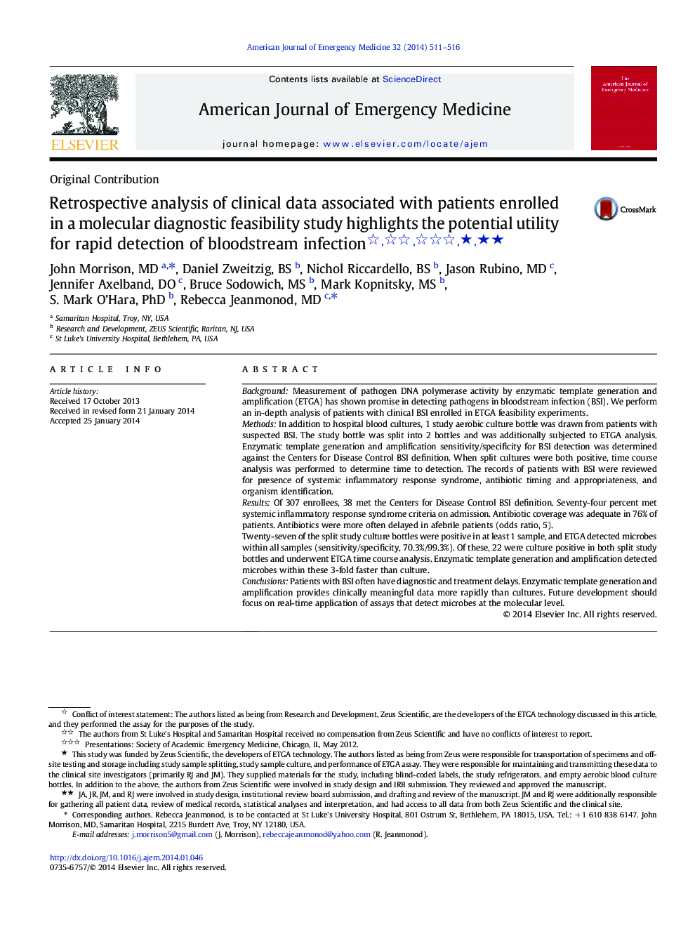 Retrospective analysis of clinical data associated with patients enrolled in a molecular diagnostic feasibility study highlights the potential utility for rapid detection of bloodstream infection ★★★