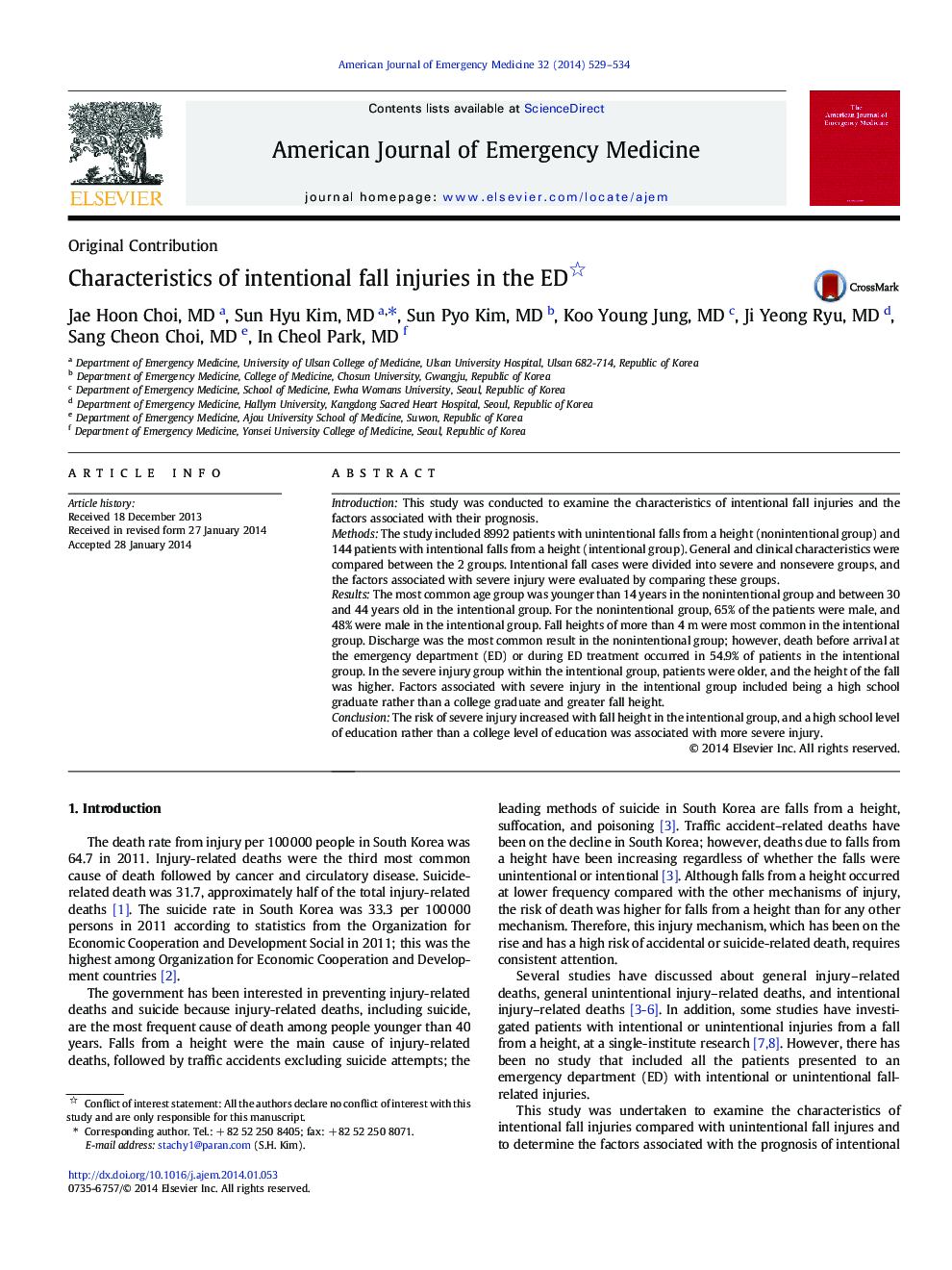 Characteristics of intentional fall injuries in the ED 