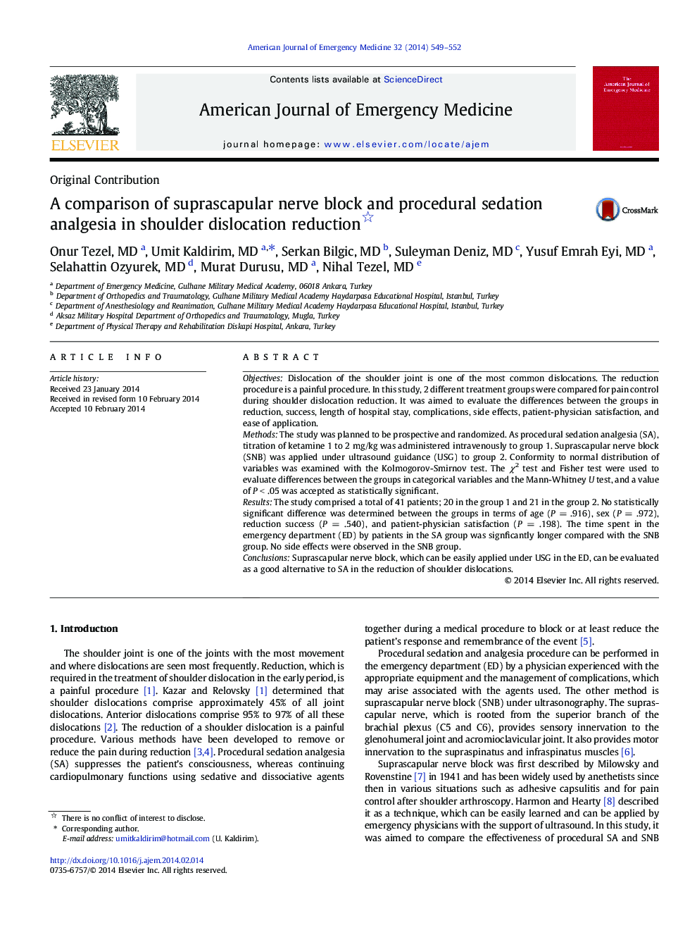 A comparison of suprascapular nerve block and procedural sedation analgesia in shoulder dislocation reduction 