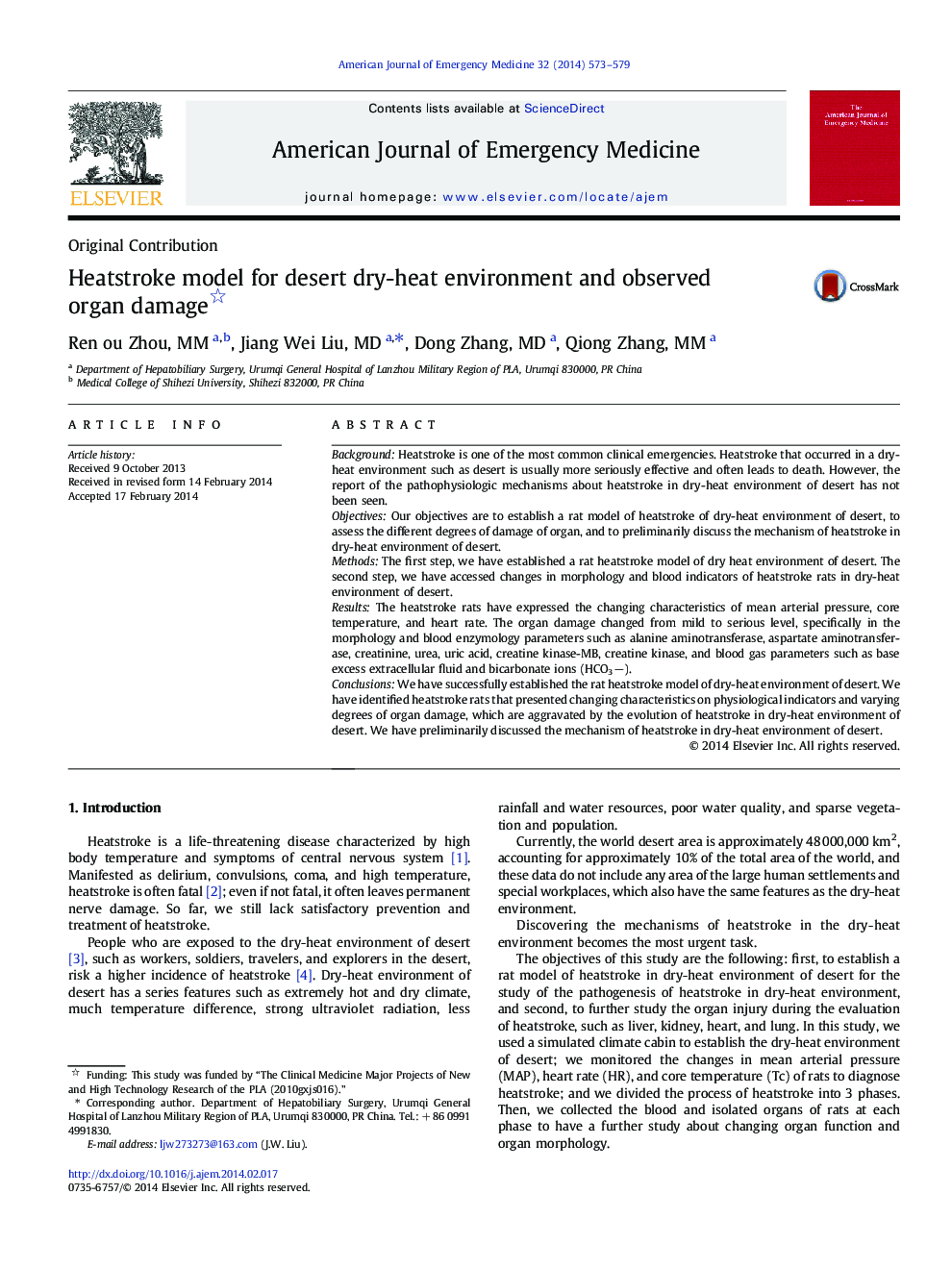 Heatstroke model for desert dry-heat environment and observed organ damage 