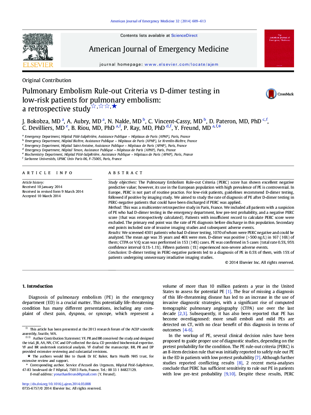 Pulmonary Embolism Rule-out Criteria vs D-dimer testing in low-risk patients for pulmonary embolism: a retrospective study ★