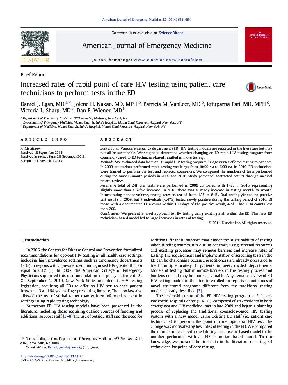 Increased rates of rapid point-of-care HIV testing using patient care technicians to perform tests in the ED