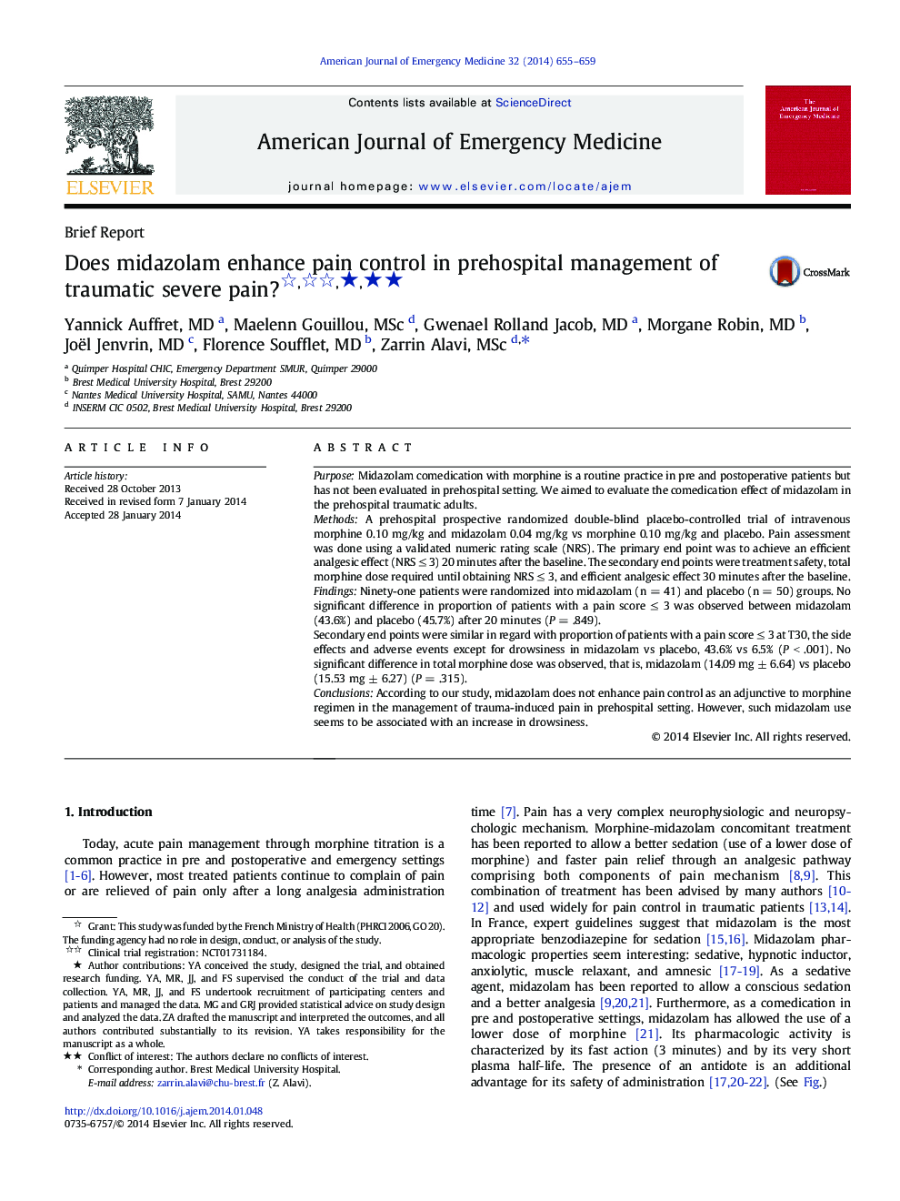 Does midazolam enhance pain control in prehospital management of traumatic severe pain? ★★★