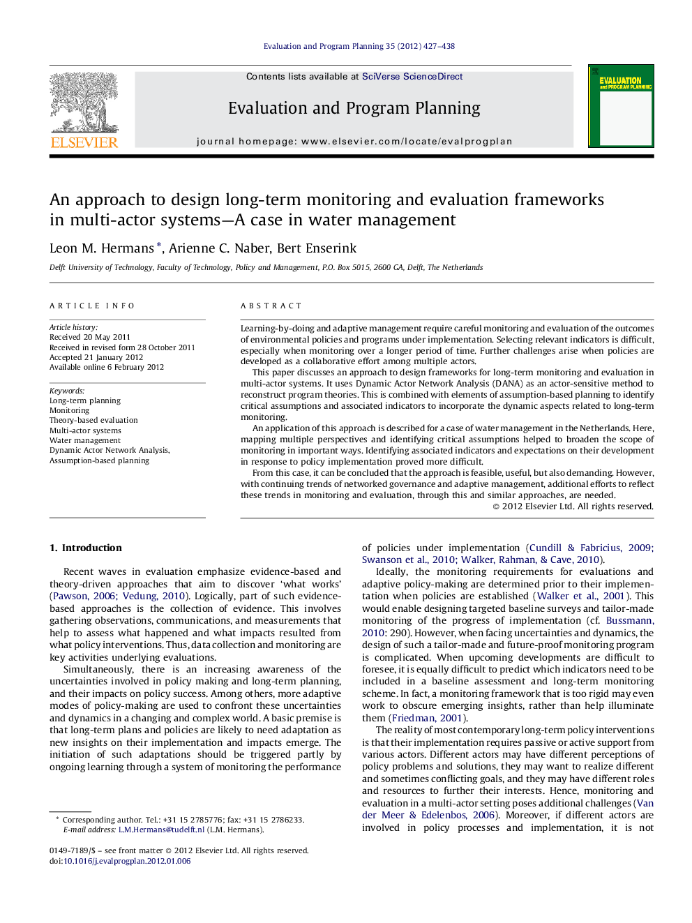 An approach to design long-term monitoring and evaluation frameworks in multi-actor systems—A case in water management