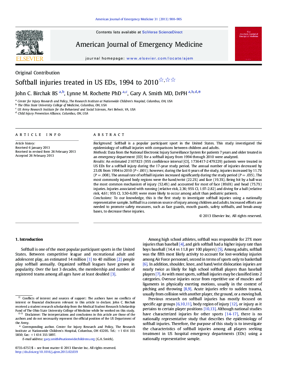 Softball injuries treated in US EDs, 1994 to 2010 