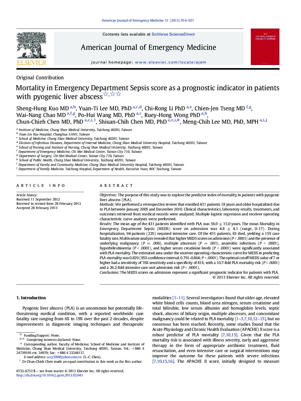 Mortality in Emergency Department Sepsis score as a prognostic indicator in patients with pyogenic liver abscess 