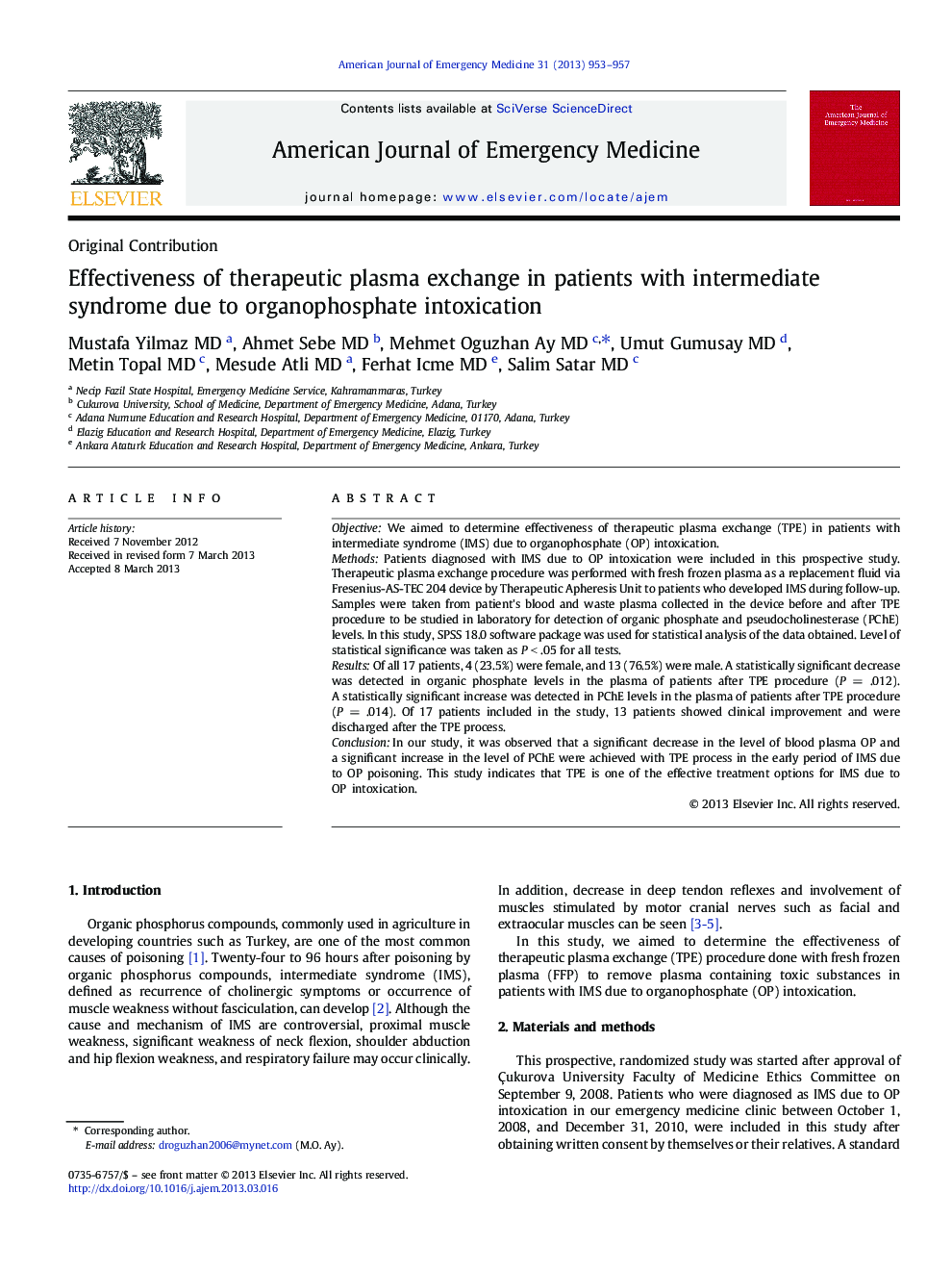 Effectiveness of therapeutic plasma exchange in patients with intermediate syndrome due to organophosphate intoxication