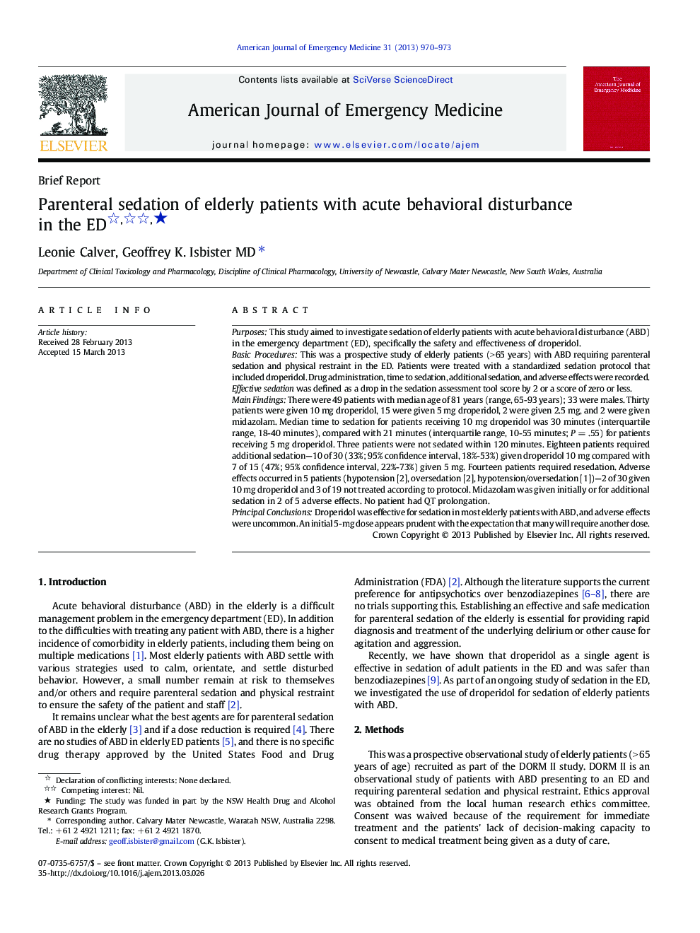 Parenteral sedation of elderly patients with acute behavioral disturbance in the ED ★