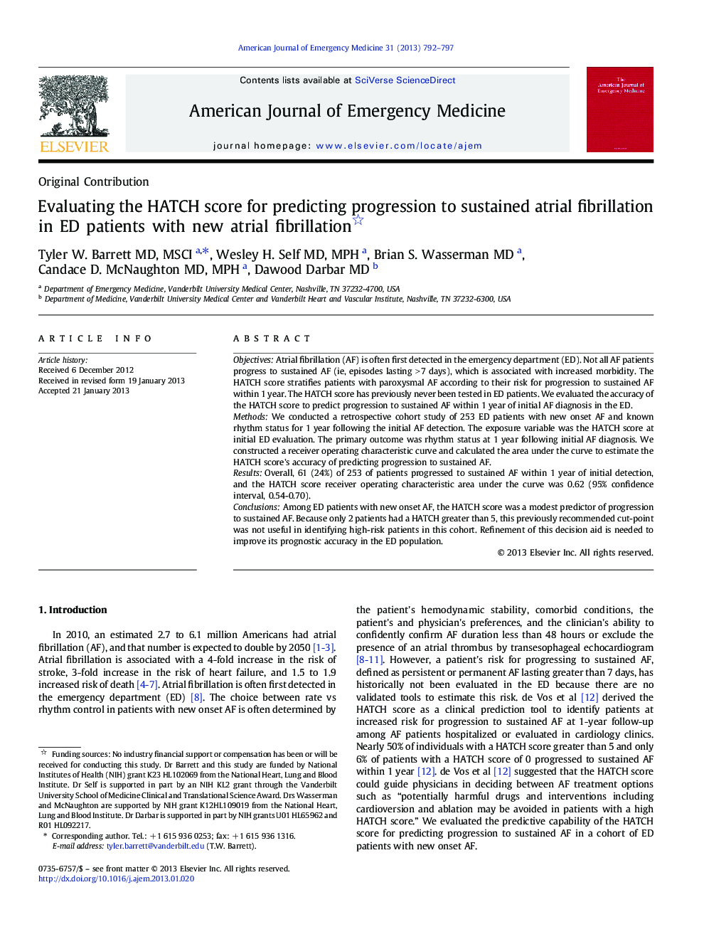 Evaluating the HATCH score for predicting progression to sustained atrial fibrillation in ED patients with new atrial fibrillation 