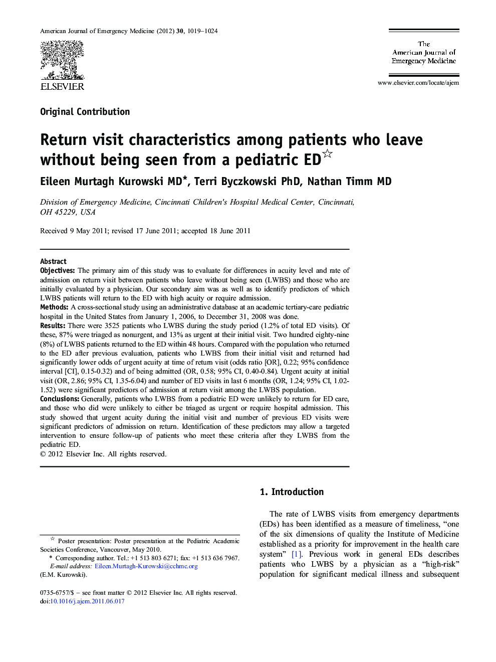 Return visit characteristics among patients who leave without being seen from a pediatric ED 