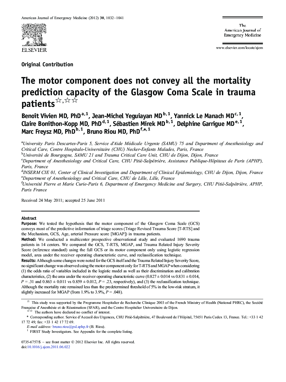 The motor component does not convey all the mortality prediction capacity of the Glasgow Coma Scale in trauma patients 