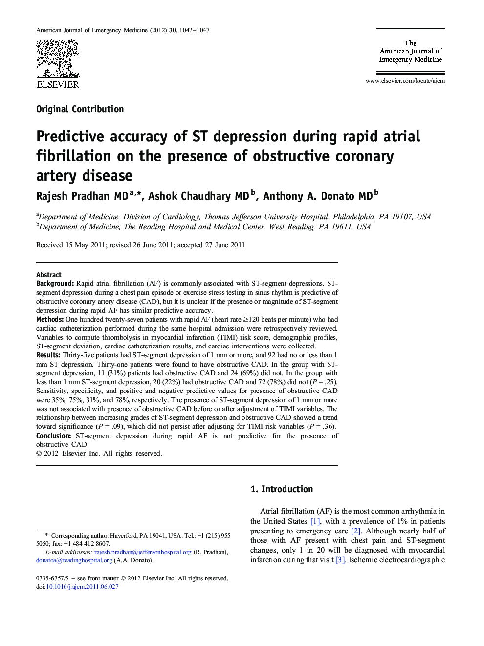 Predictive accuracy of ST depression during rapid atrial fibrillation on the presence of obstructive coronary artery disease