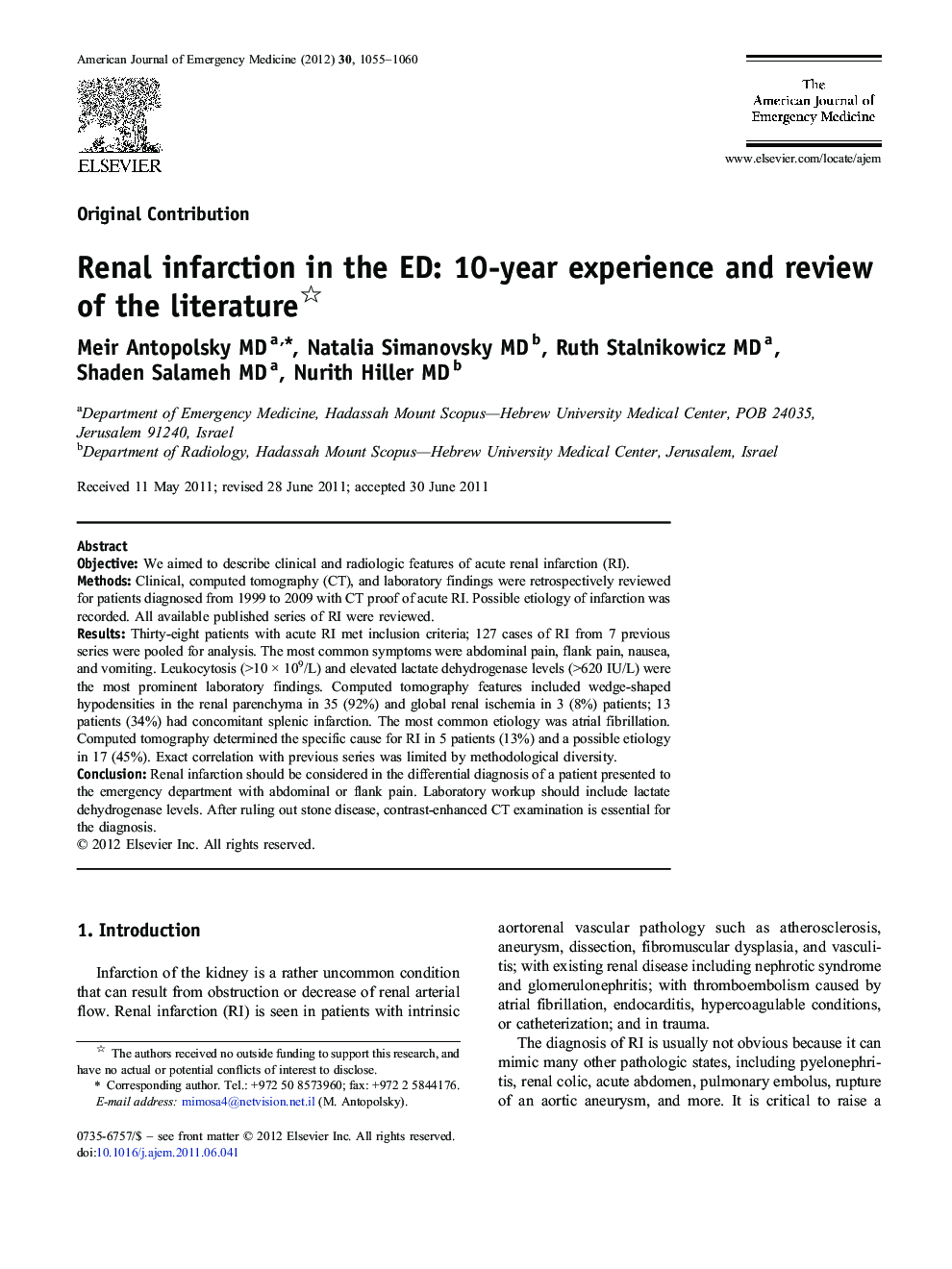 Renal infarction in the ED: 10-year experience and review of the literature 