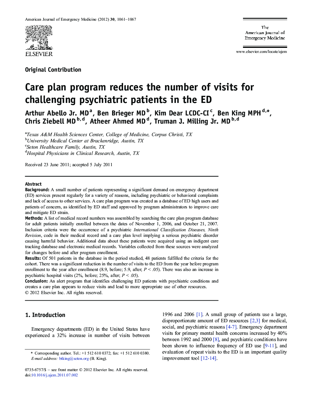 Care plan program reduces the number of visits for challenging psychiatric patients in the ED