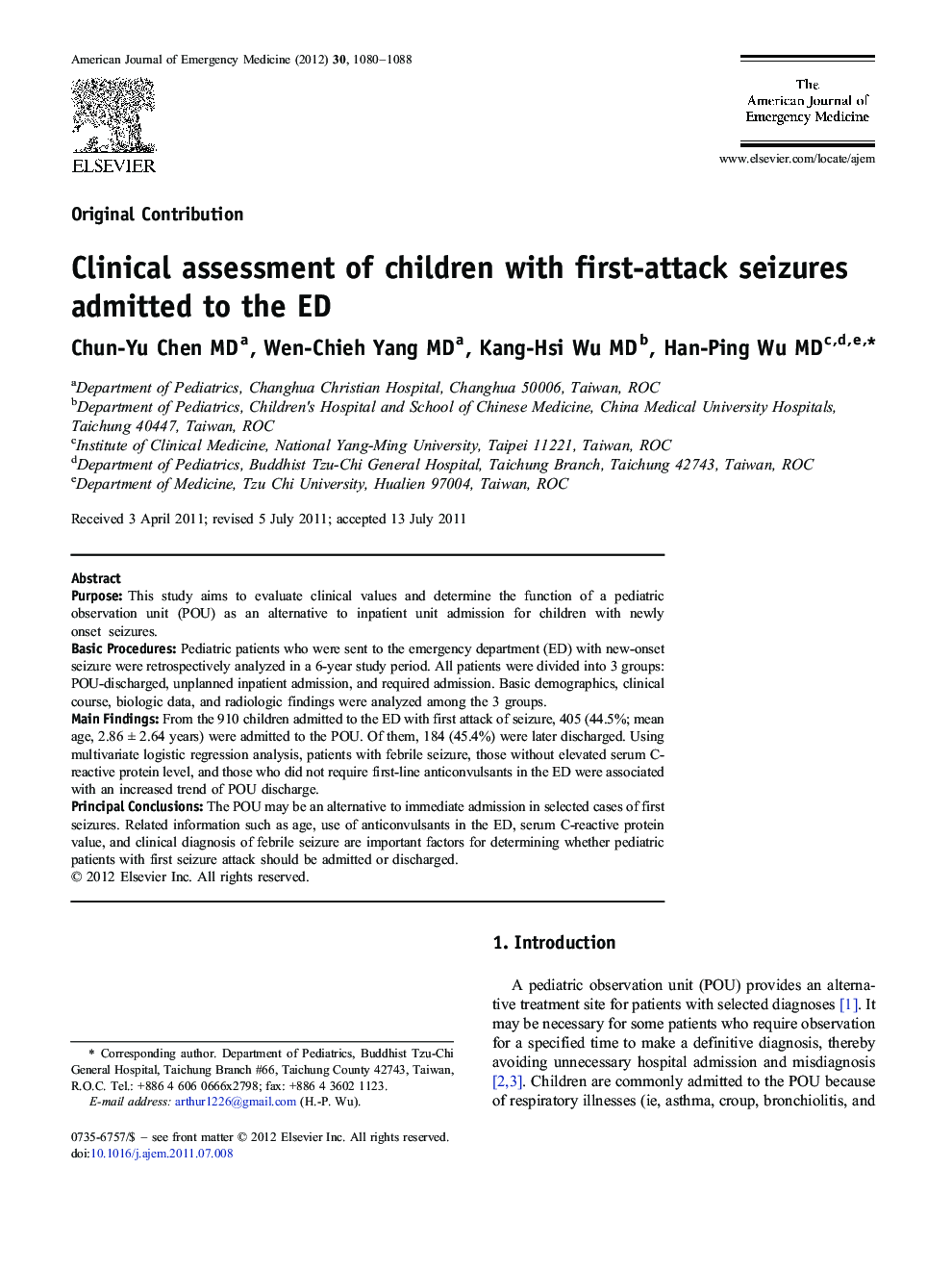 Clinical assessment of children with first-attack seizures admitted to the ED