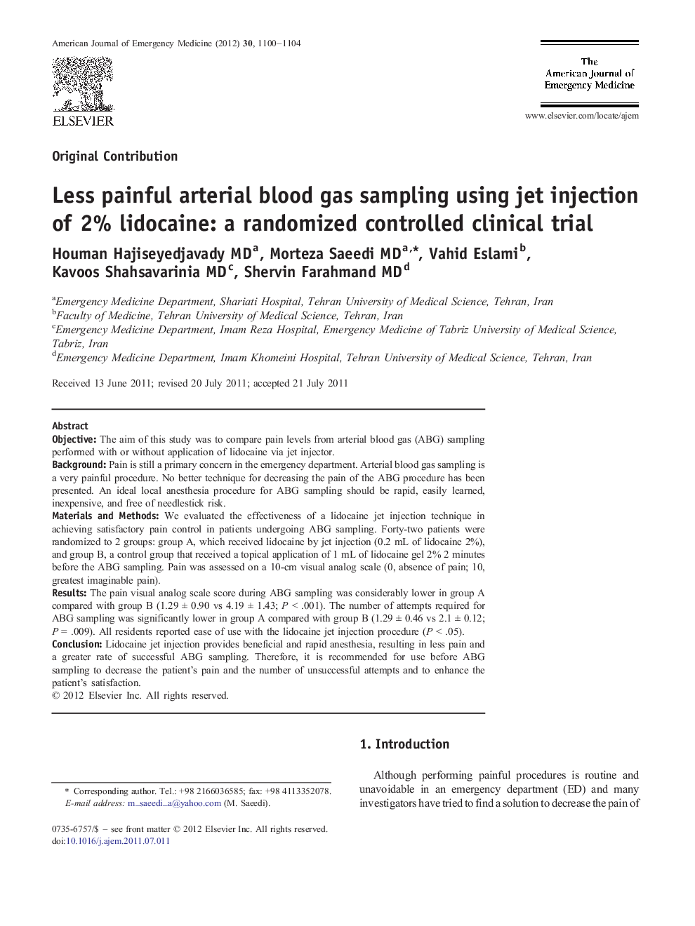 Less painful arterial blood gas sampling using jet injection of 2% lidocaine: a randomized controlled clinical trial
