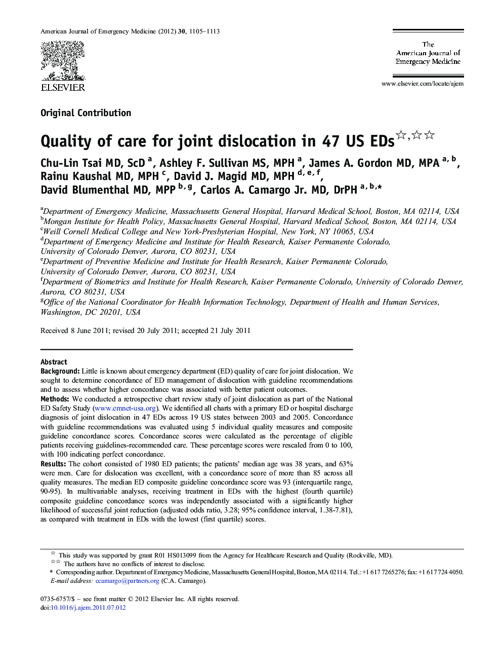 Quality of care for joint dislocation in 47 US EDs 