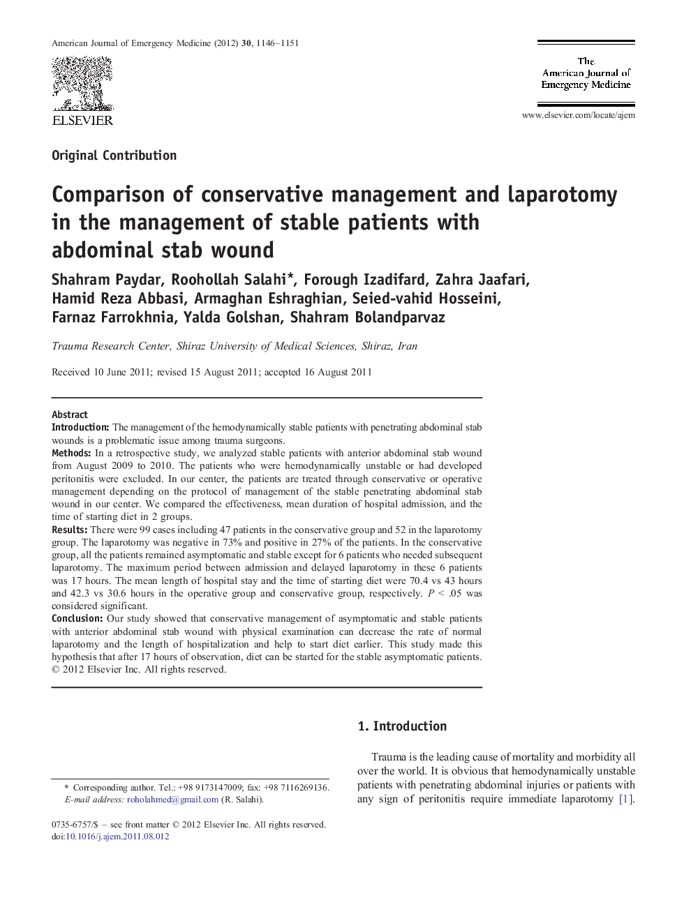 Comparison of conservative management and laparotomy in the management of stable patients with abdominal stab wound