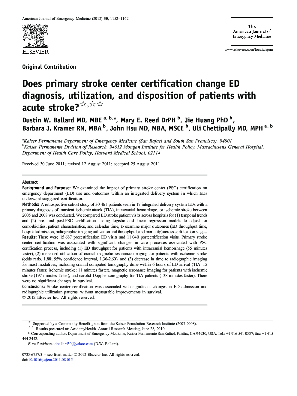 Does primary stroke center certification change ED diagnosis, utilization, and disposition of patients with acute stroke? 