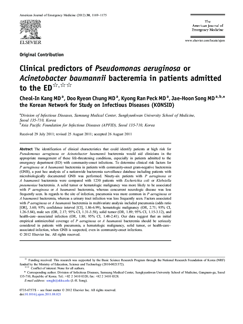 Clinical predictors of Pseudomonas aeruginosa or Acinetobacter baumannii bacteremia in patients admitted to the ED 
