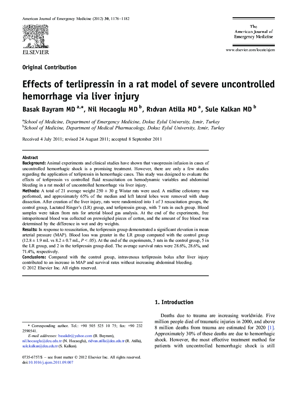 Effects of terlipressin in a rat model of severe uncontrolled hemorrhage via liver injury