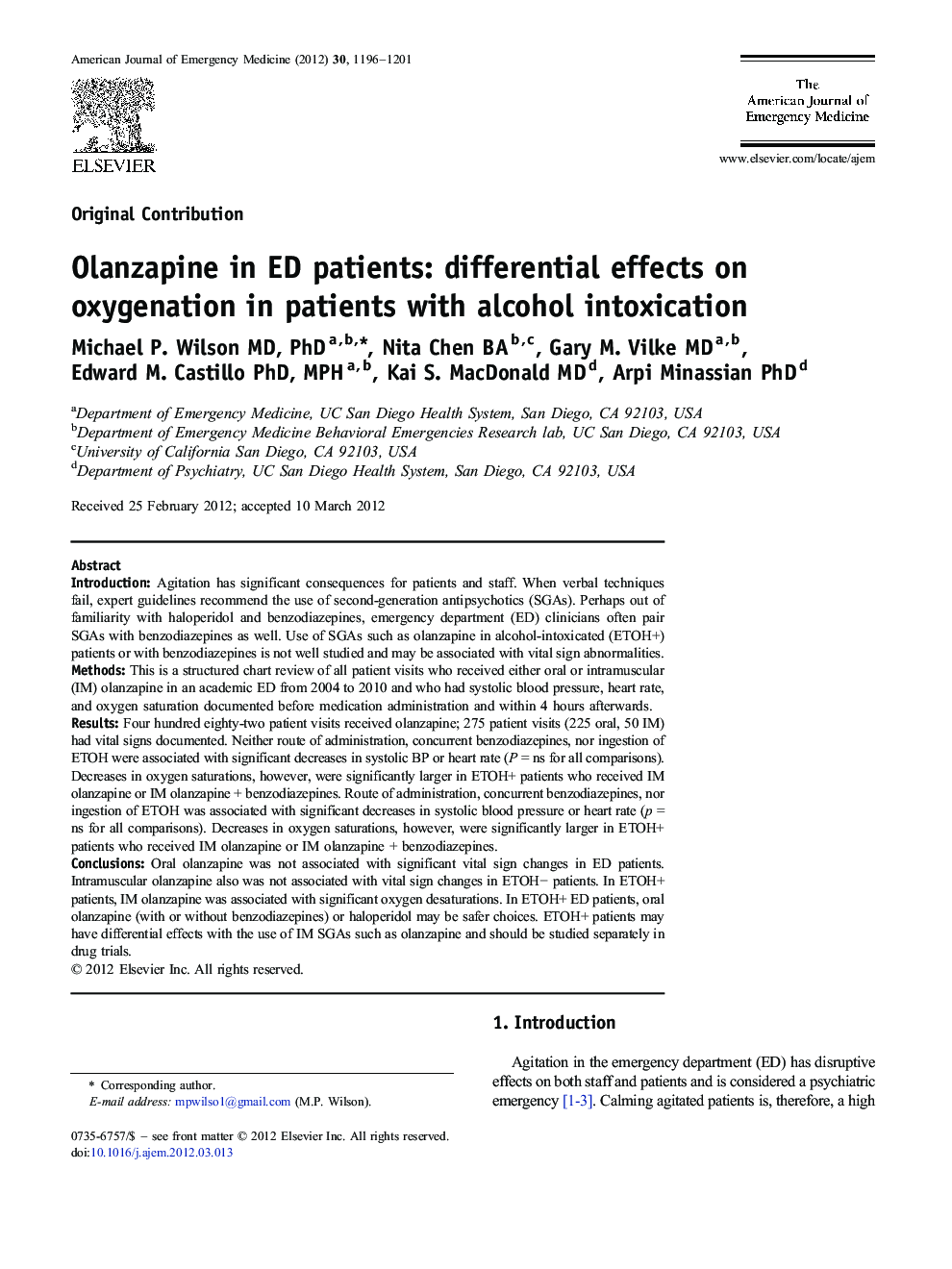 Olanzapine in ED patients: differential effects on oxygenation in patients with alcohol intoxication