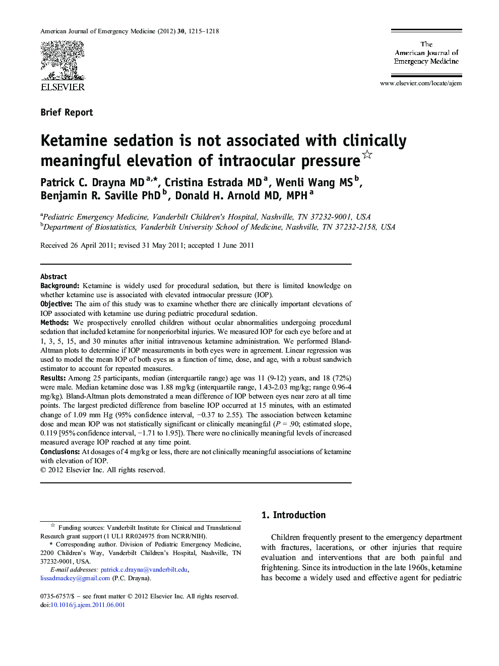Ketamine sedation is not associated with clinically meaningful elevation of intraocular pressure 