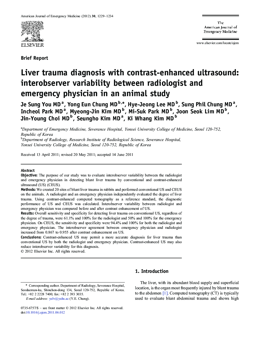 Liver trauma diagnosis with contrast-enhanced ultrasound: interobserver variability between radiologist and emergency physician in an animal study