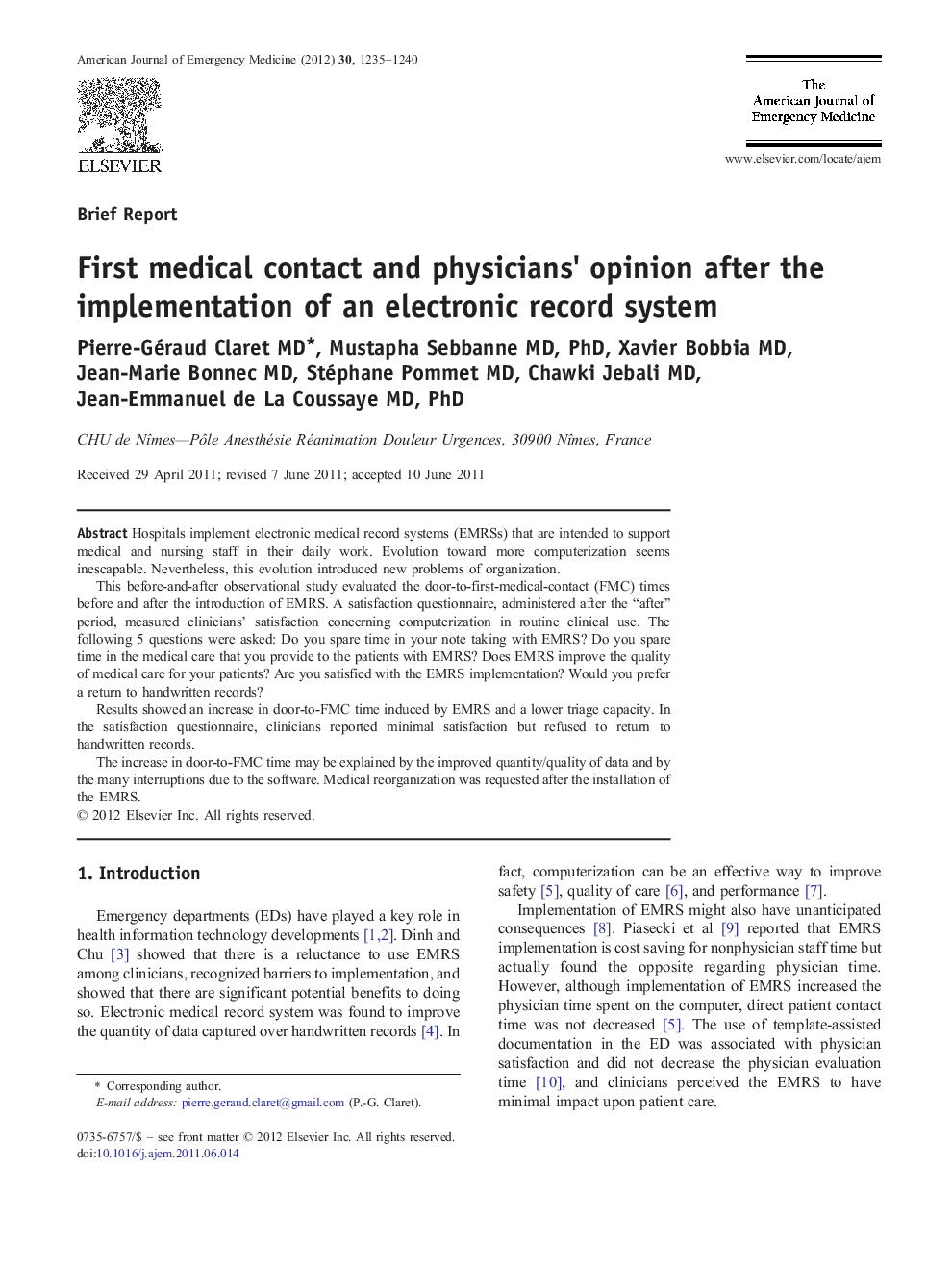 First medical contact and physicians' opinion after the implementation of an electronic record system
