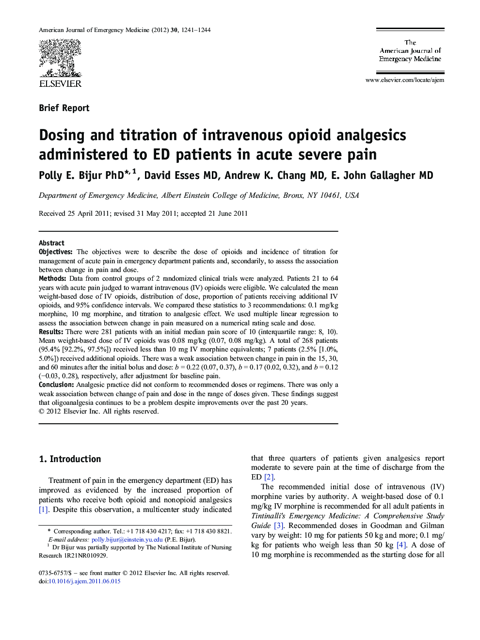 Dosing and titration of intravenous opioid analgesics administered to ED patients in acute severe pain